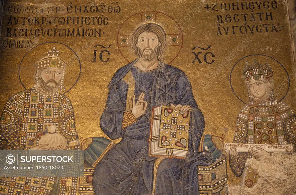 Turkey, Istanbul, Detail Of Mosaic Painting In Aya Sofya Depicting Christ With Emperor Constantine Ix Monomachus Offering A Bag Of Coins And The Empress Zoe Holding A Scroll.