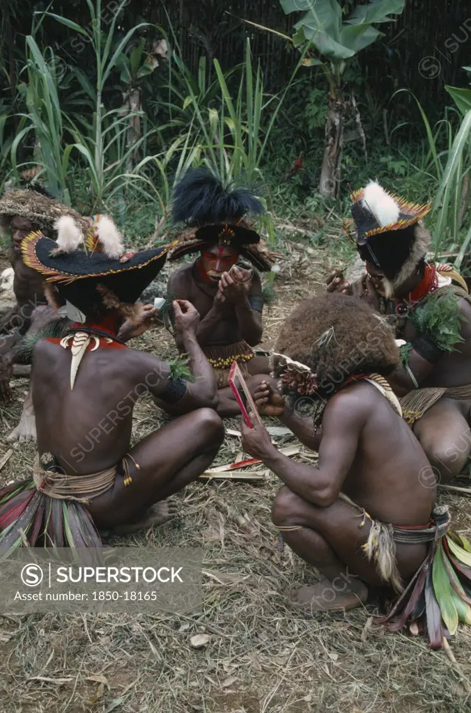 Pacific Islands, Melanesia, Papua New Guinea, Southern Highlands.Tari. Huli Tribemen Painting Faces For Sing Sing Festival.