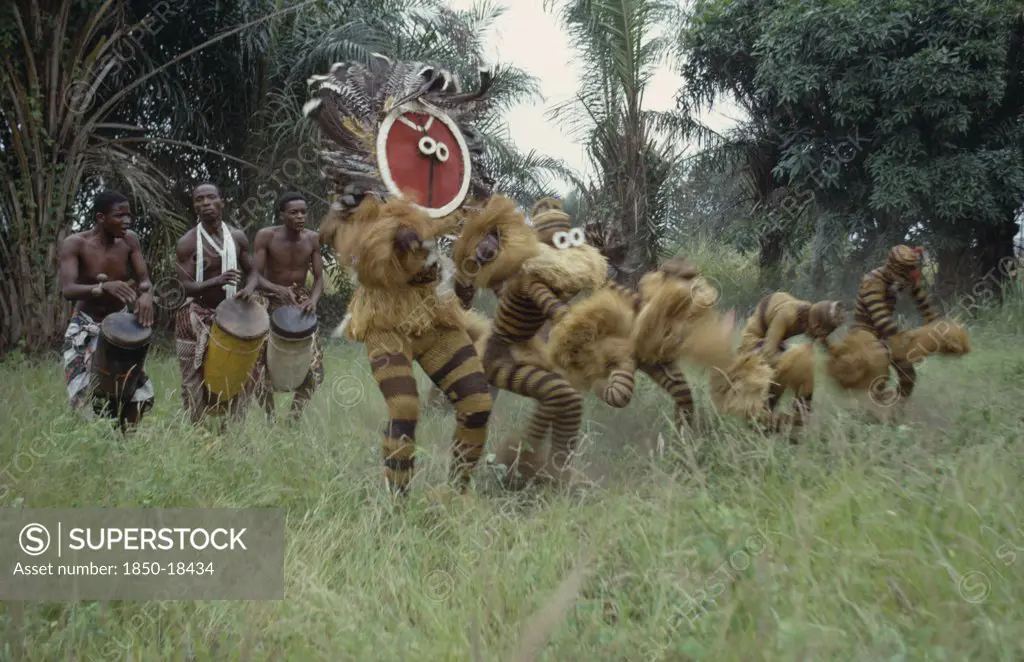 Congo, Dance, Bapende Animal Masqueraders Performing Dance At Initiation Ceremony.
