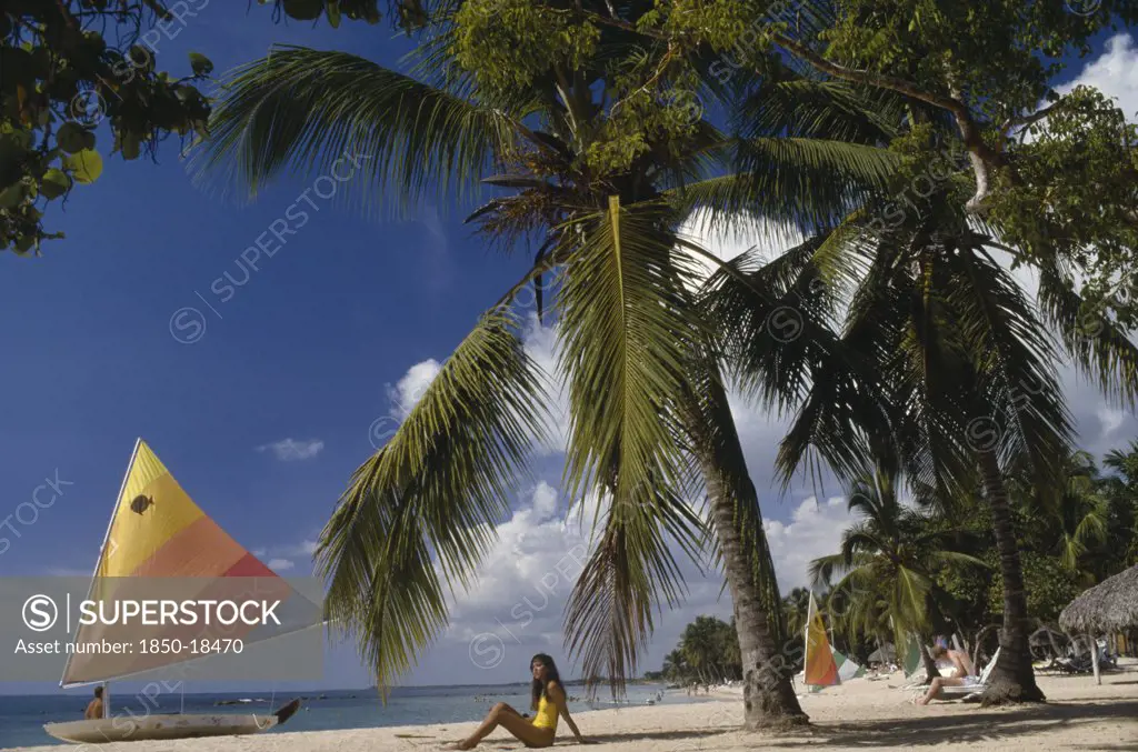 Dominican Republic, Casa De Campo, Las Minitas Beach Lined With Palm Trees And Windsurfs With A Woman Sat On The Sand Under A Palm Tree In The Foreground