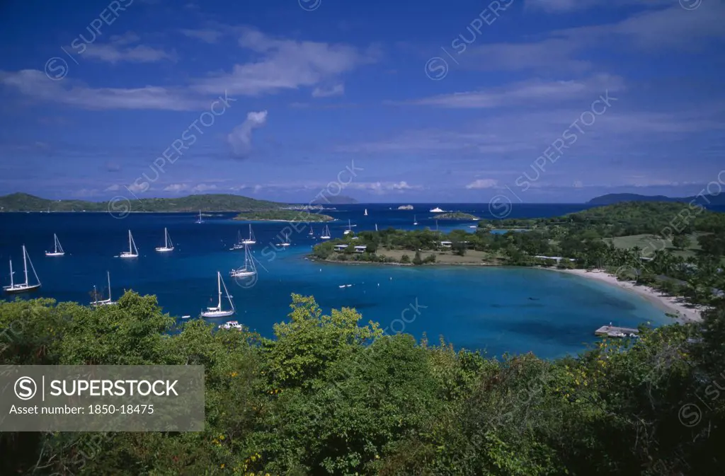 Dominica, Landscape, Elevated View Over Beach And Coastline With Tree Covered Islands And Bays On The Atlantic With Yachts On The Water