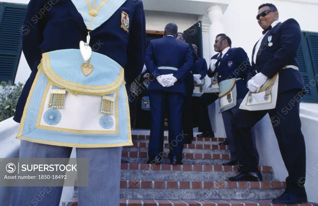 Bermuda, St Georges, Cropped View Of Freemasons Wearing Regalia For The Peppercorn Ceremony.