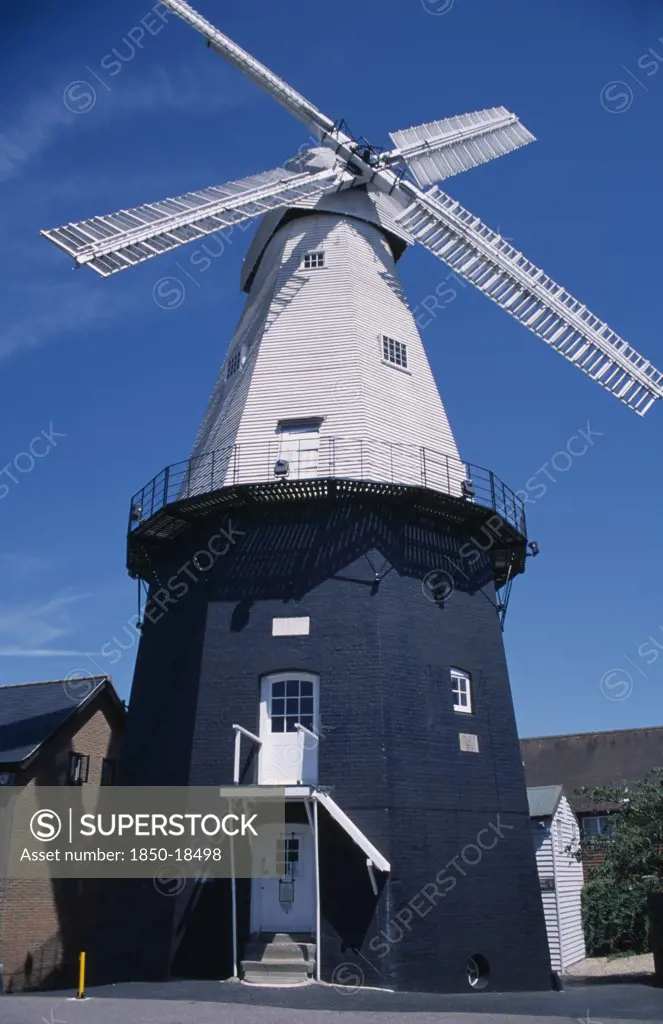 England, Kent, Cranbrook, Union Watermill White Weather Boarded Smock Mill. It Is The Tallest Mill In Kent At 70 Ft