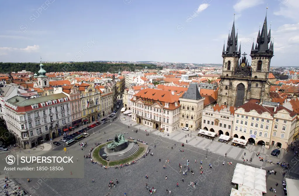 Czech Republic, Bohemia, Prague, View Across The City And The Old Town Square With The Church Of Our Lady Before Tyn On The Right