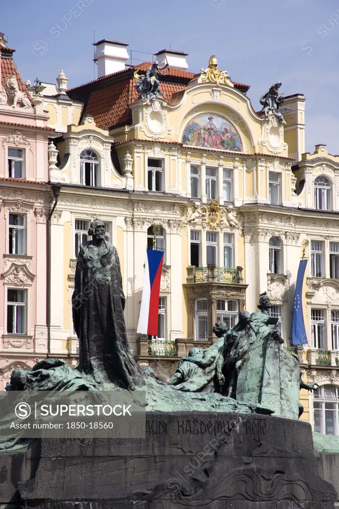 Czech Republic, Bohemia, Prague, 'The Monument To The 15Th Century Religious Reformer And Local Hero, Jan Hus, In Front Of The Art Nouveau Ministry Of Local Development In The Old Town Square'