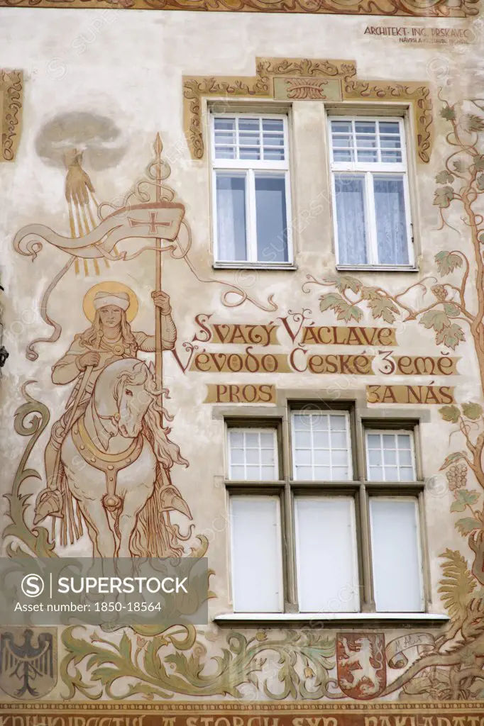 Czech Republic, Bohemia, Prague, The Storch House In The Old Town Square With Decoration Based On Designs By Mikulas Ales Of St Wenceslas On Horseback
