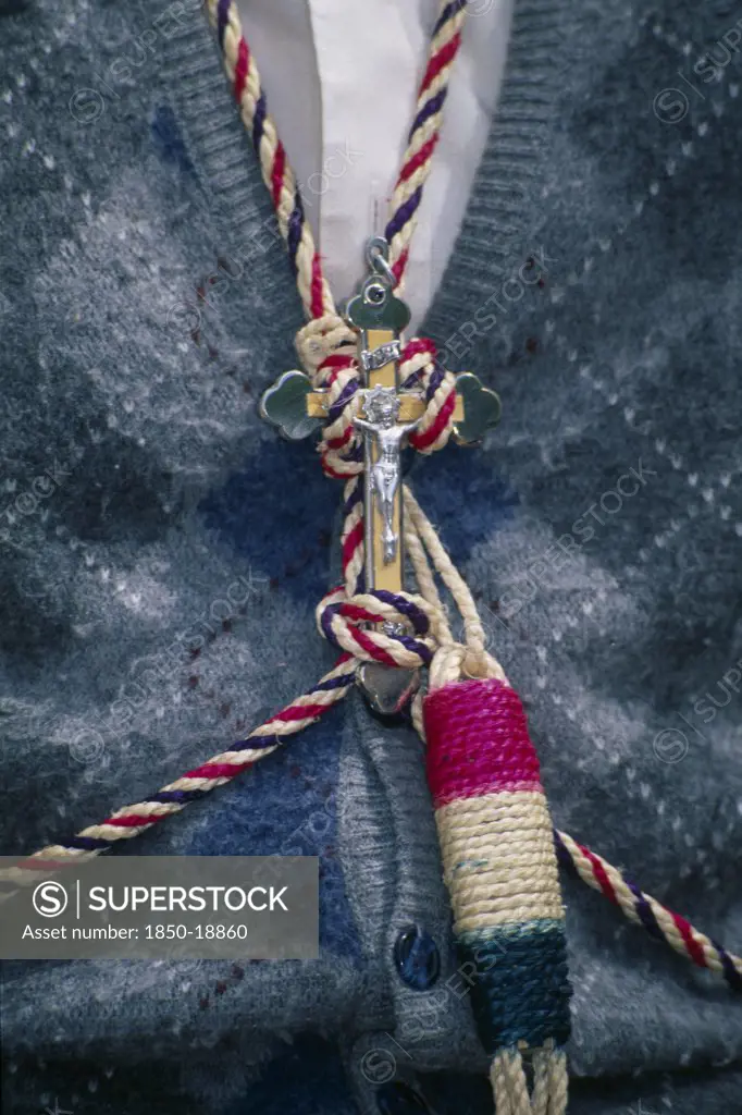 Mexico, Guanajuato, San Miguel De Allende, Atotonilco Sanctuary.  Close Cropped View Of The Crucifix And Disciplina Or Whip Worn Around The Neck Of A Penitent.