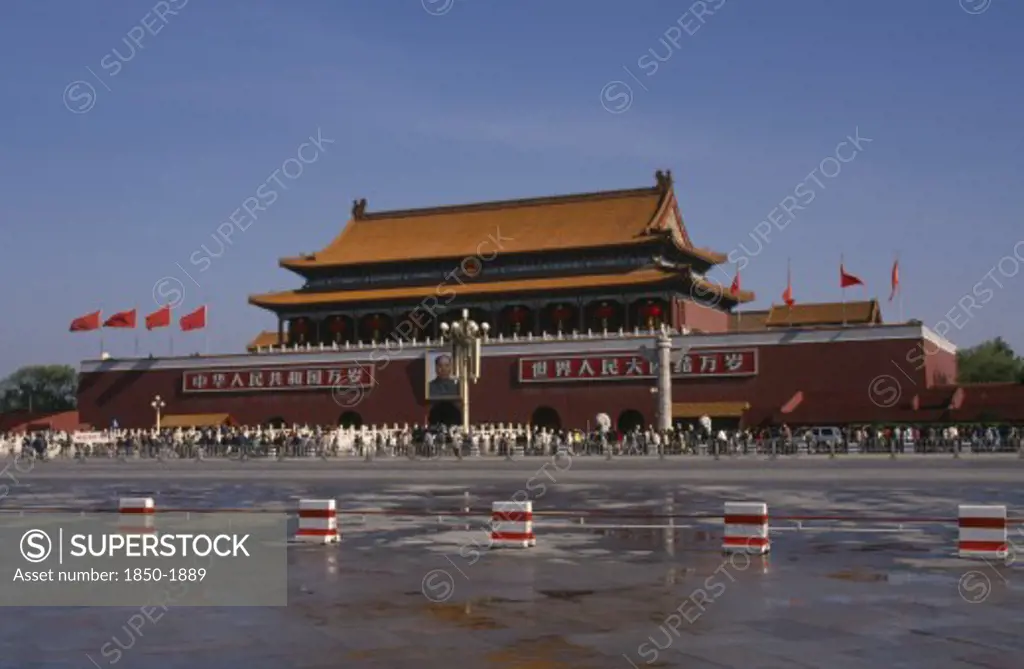 China, Beijing, Tiananmen Square, Meaning Gate Of Heavenly Peace. View Over The Square With Queues Of People At The Far Side