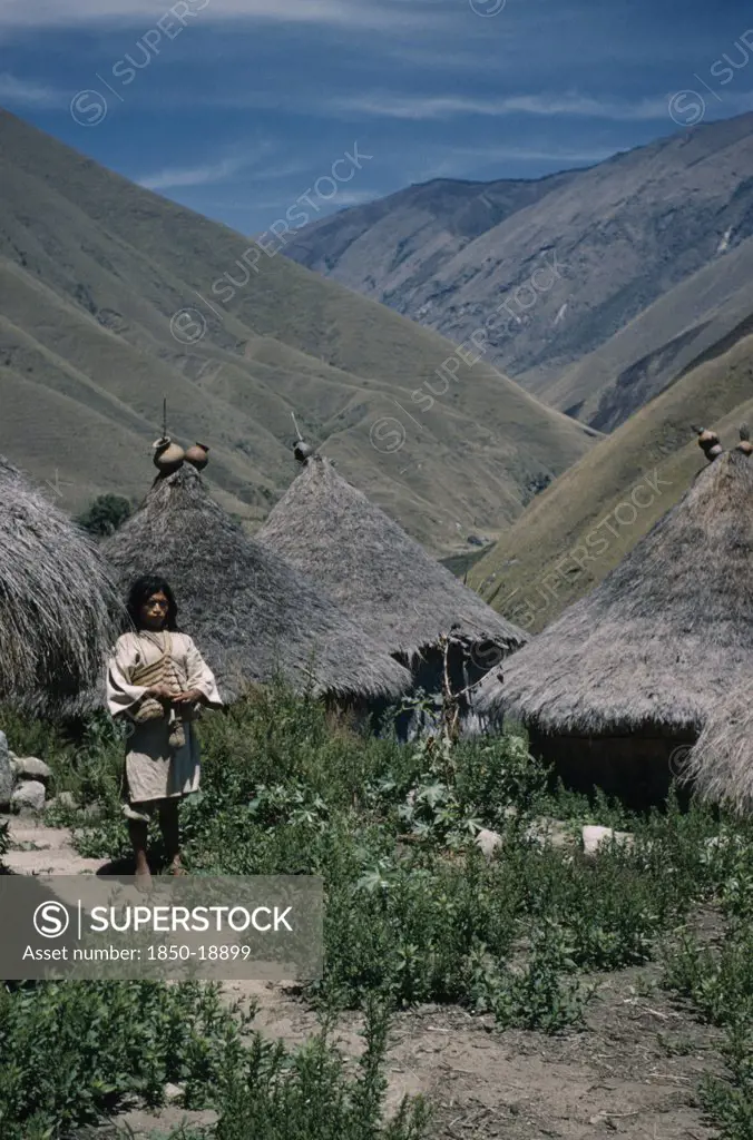 Colombia, Sierra Nevada De Santa Marta, Kogi Tribe, 'San Miguel Village. A Young Mama / Priest Stands In Pathway Leading  To Thatched Dwellings And Ritual Centres, With Sacred Pots At Roof Apices.'
