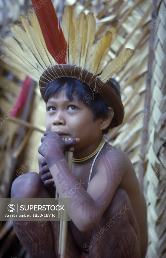 Colombia, Vaupes Region, Tukano Tribe, Young Boy Playing Panpipes Outside Maloca Prior To A Festival. Painted With Deep Purple We Leaf Dye And Wearing Crown Of Red Macaw And Yellow Toucan Feathers