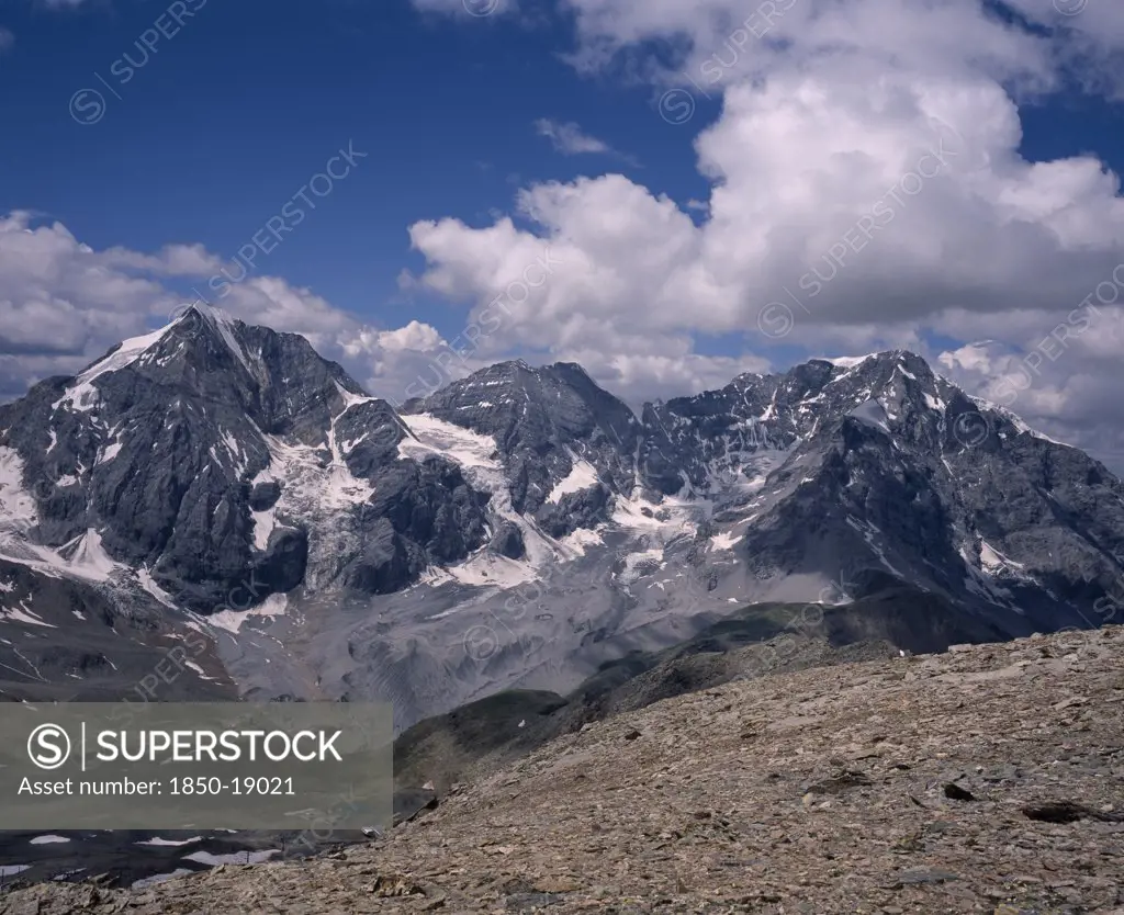 Italy, Dolomites, Trentino, 'Sulden. Snow Peaked Mountains Seen From Hinter Schontauf Spitze. Konigspitze, Mount Zebru And Ortler'