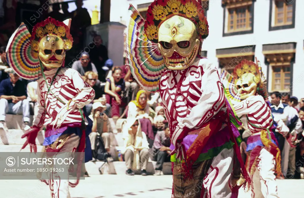India, Ladakh, Leh, 'Chaukhang Gompa Chams (Mask) Dance In The Courtyard Of The Buddhist Monastery At The Centre Of Leh, Monks Perform Ceremonial Mask Dances, Known As Chams, As Part Of The Annual Ladakh Festival'