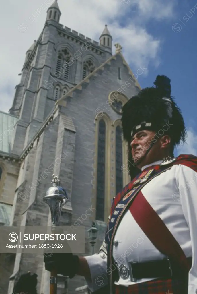 Bermuda, Hamilton, Pipe Band Major In Front Of The Cathedral