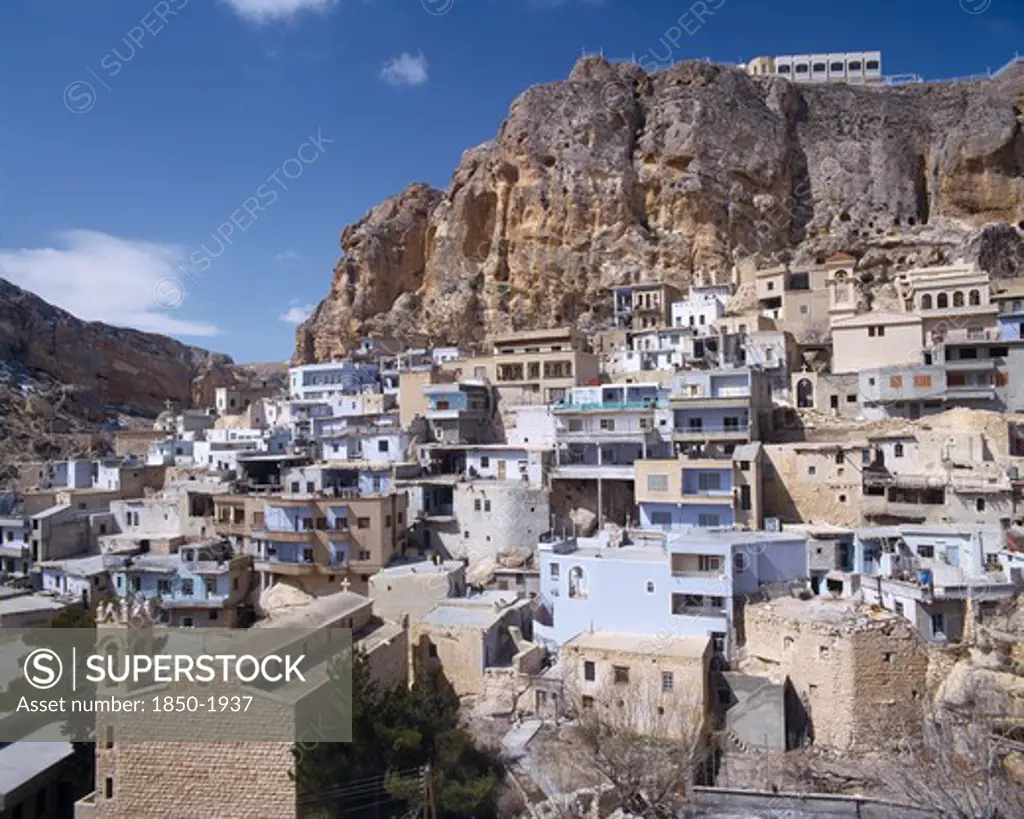 Syria, South,   Maalula, 'Blue & White Square Houses Built Under & Into Rock Face, Churches '