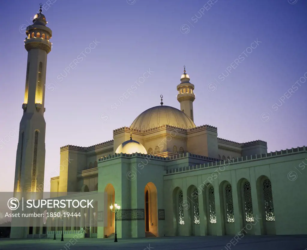 Bahrain, Manama, Al Faith Mosque.  Exterior And Minaret Illuminated At Night.