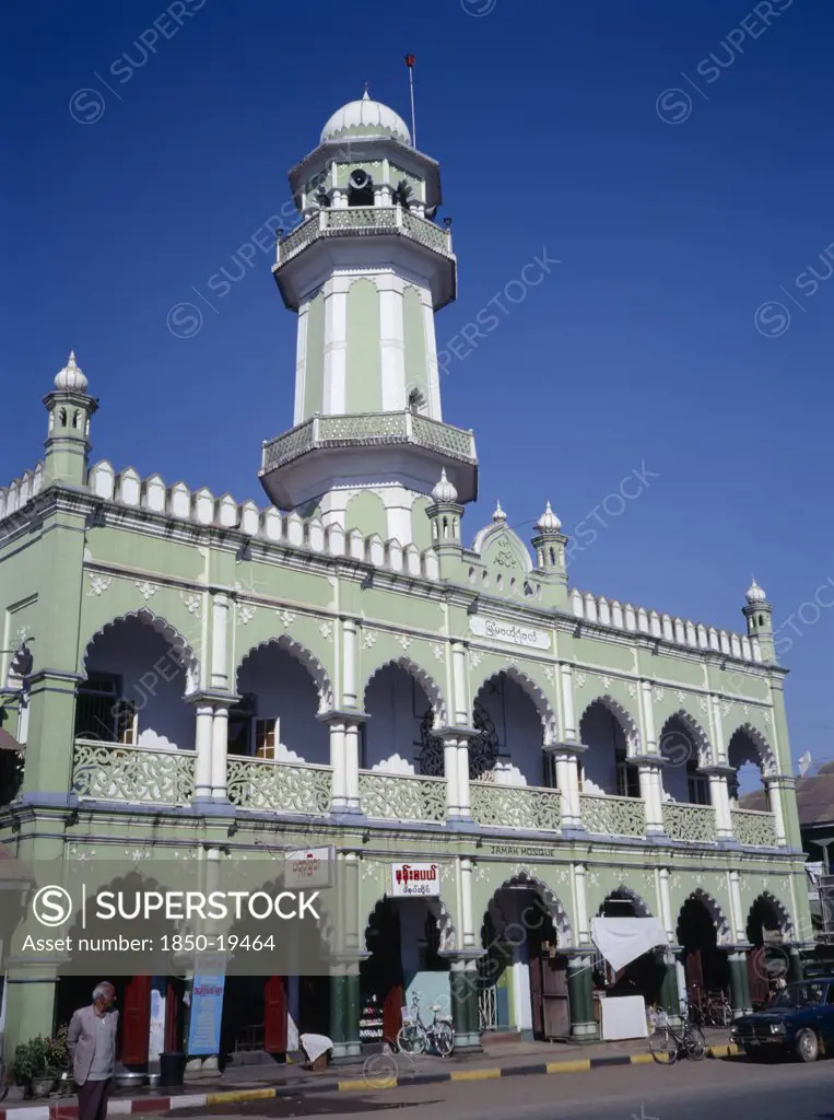 Myanmar, Maymyo, Pale Green And White Painted Exterior Of Mosque On Lashio Road With Central Minaret.
