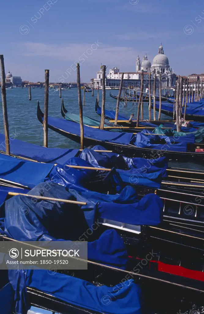 Italy, Veneto, Venice, Line Of Gondolas Moored At Piazza San Marco Jetty With Santa Maria Della Salute In Distance Behind.