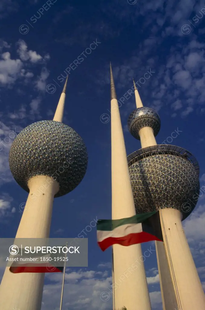 Kuwait, Kuwait City, Kuwait Towers And National Flags.