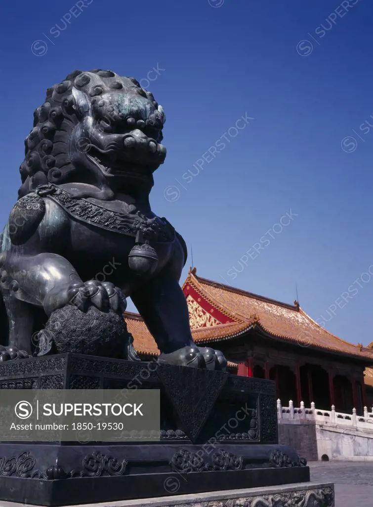 China, Beijing, Forbidden City.  Detail Of Lion Statue.