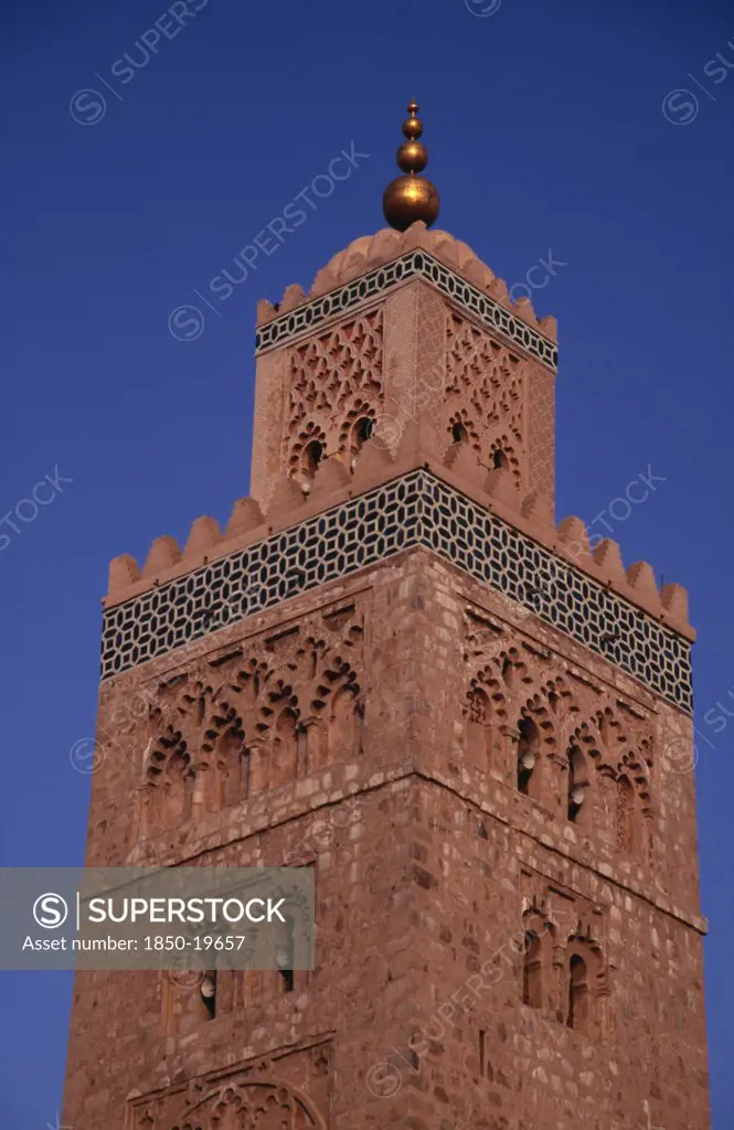 Morocco, Marrakech, Koutoubia Mosque.  Part View Of Minaret. Marrakesh Moslem