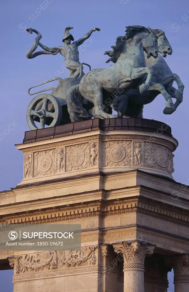 Hungary, Budapest, Heroes  Square Erected To Mark The 1000Th Anniversary Of The Magyar Conquest.  Statue Of Horse Drawn Chariot On The Millennary Monument. Eastern Europe