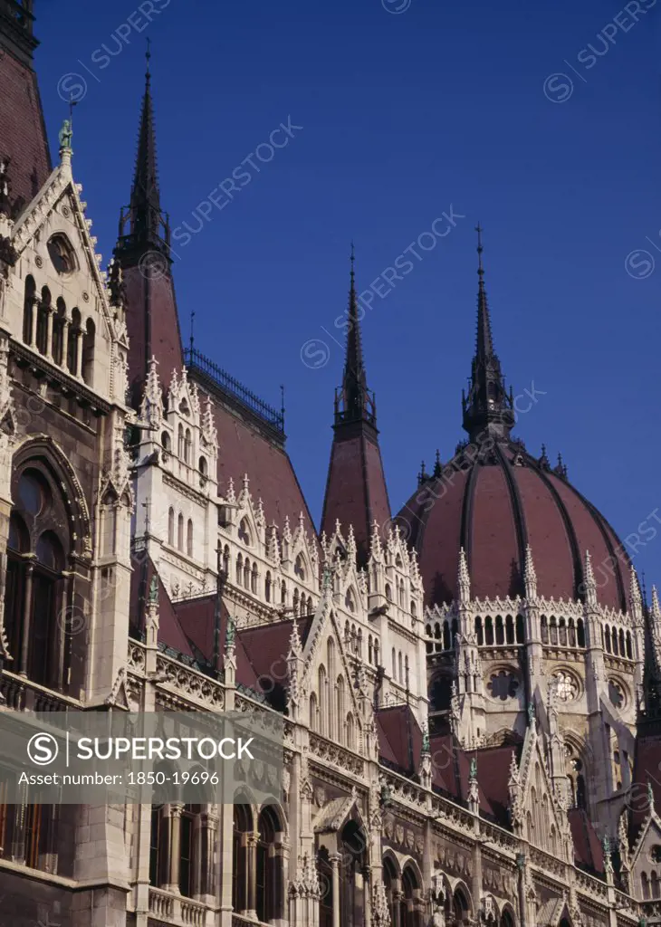 Hungary, Budapest, Part View Of Exterior Facade Of Parliament Building. Eastern Europe