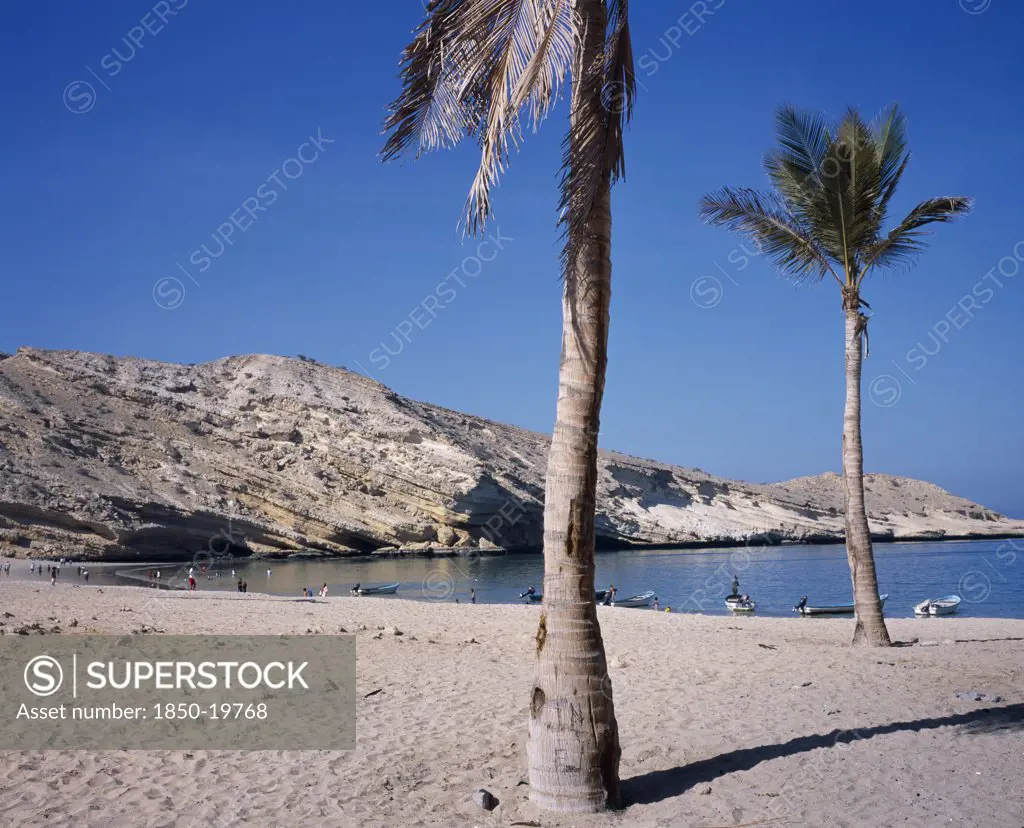 Oman, Muscat, 'Bandar Jissah Beach Near Al-Bustan Hotel Just Outside The Capital City.  People At WaterS Edge With Eroded, Sloping Rock Formation Behind And Palm In Foreground.'