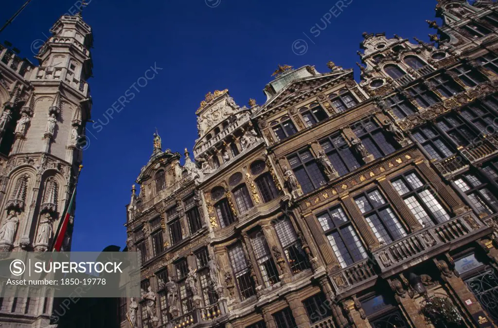 Belgium, Brabant, Brussels, Grand Place. Decorated Facades Of Guild Houses In The Market Square. Unesco World Heritage Site
