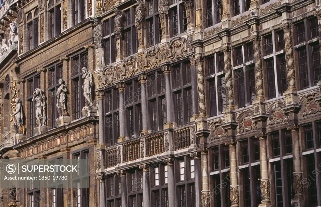 Belgium, Brabant, Brussels, Grand Place. Detail Of Decorated Facades Of Guild Houses In The Market Square. Unesco World Heritage Site