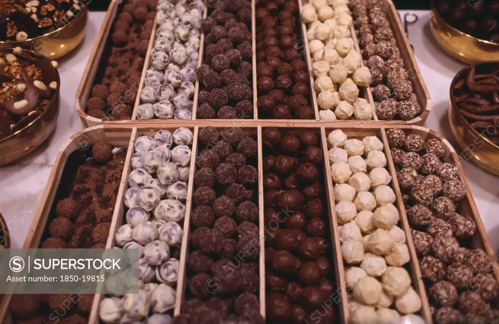Belgium, Brabant, Brussels, Display Of Belgian Chocolates.