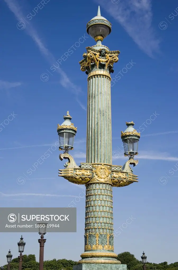 France, Ile De France, Paris, Ornate Lamp-Post In The Place De La Concorde