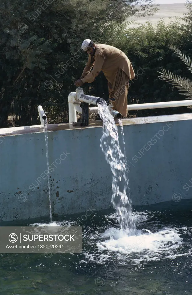 Qatar, Agriculture, Man Letting Water Into Irrigation Pool On A Farm