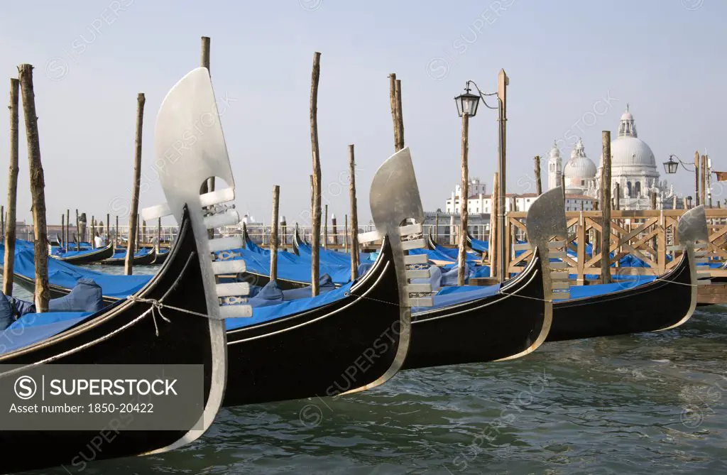 Italy, Veneto, Venice, Ferros Or Bows Of Gondolas Moored In The Molo San Marco Basin With The Baroque Church Of Santa Maria Della Salute On The Grand Canal In The Distance