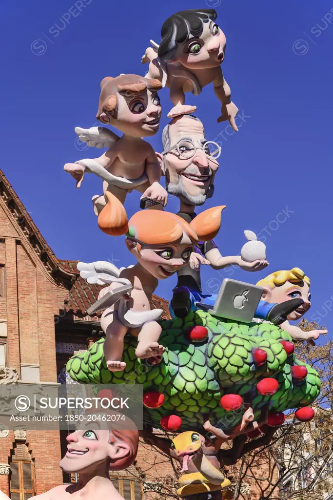 Spain, Valencia Province, Valencia, Papier Mache figures in the street during Las Fallas festival.