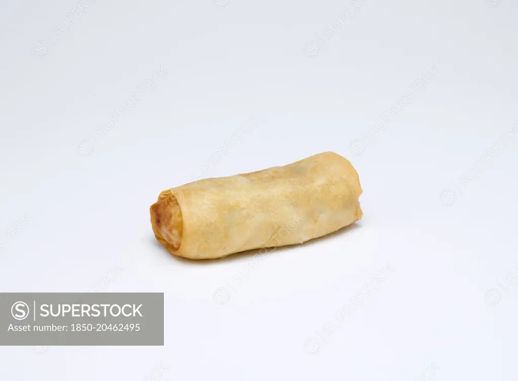 Food, Cooked, Vegetables, Single fried vegetable spring roll on a white background.