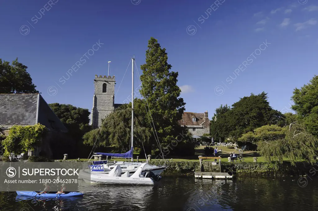England, Dorset, Wareham, River Frome and Priory Hotel.