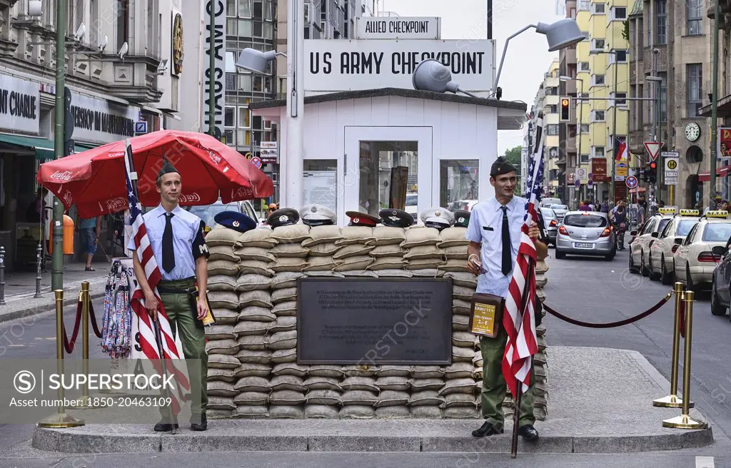 Germany, Berlin, Checkpoint Charlie, US Army checkpoint and guardhouse reconstruction at the former crossing point between East and West Berlin.
