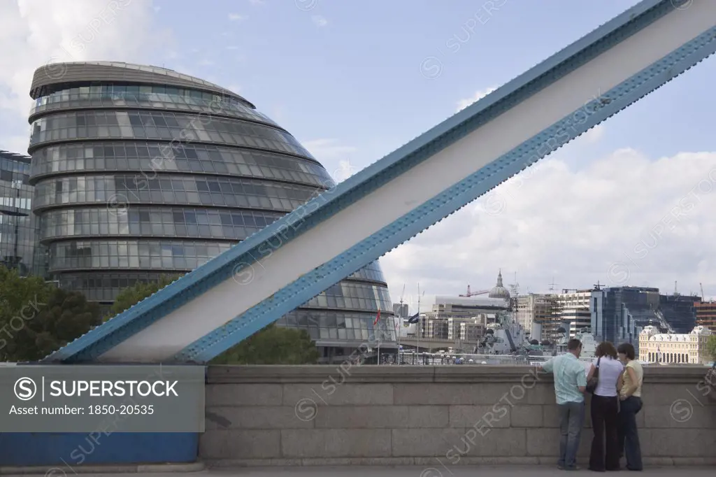 England, London, Detail Of Tower Bridge With The Gla City Hall Glass Offices Behind. Designed By Sir Norman Foster