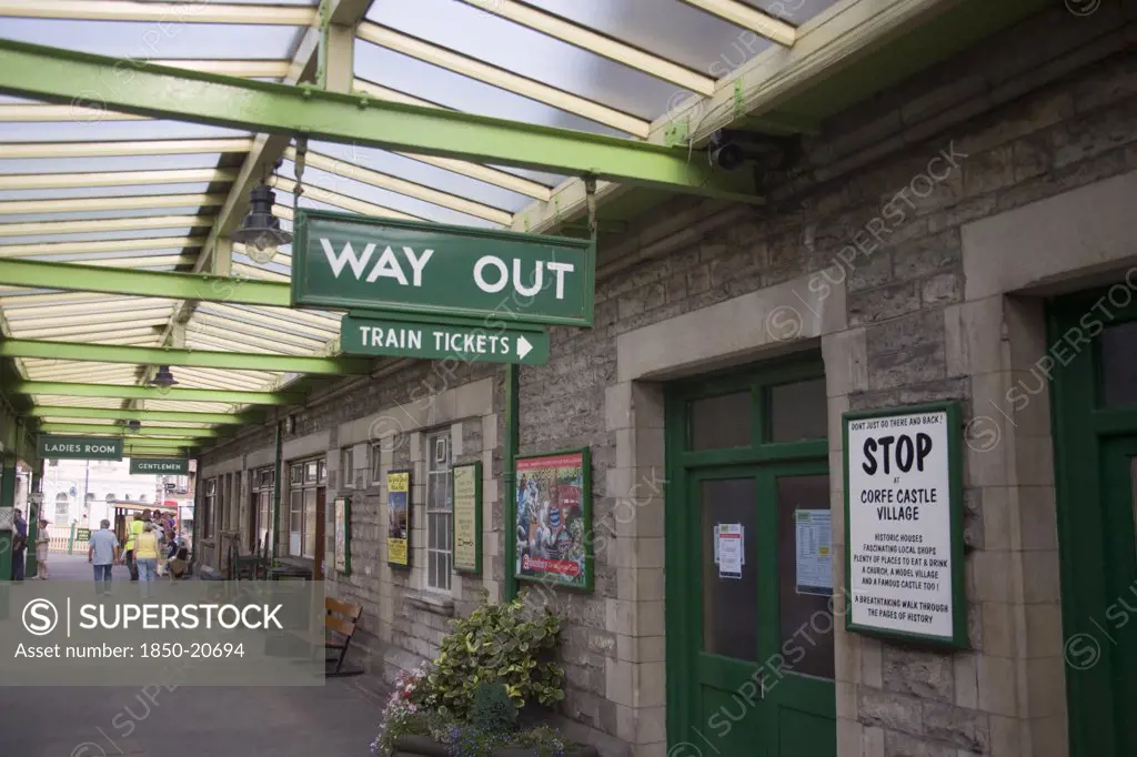 England, Dorset, Swanage, Steam Railway Station. Traditional Platform Station Signs Indictating The Ticket Office And The Way Out