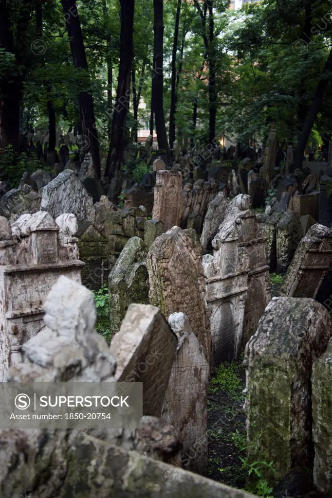Czech Republic, Bohemia, Prague, Jewish Quarter. Gravestones In The Jewish Cemetery