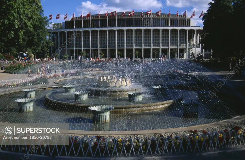Denmark , Zealand, Copenhagen, Tivoli Gardens. Concert Hall And Fountains.