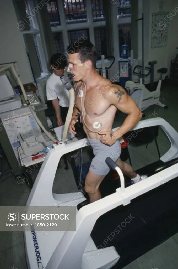 Sport, Athletics, Health, 'V02 Maximum Endurance Testing, Man Being Monitored On Treadmill.'