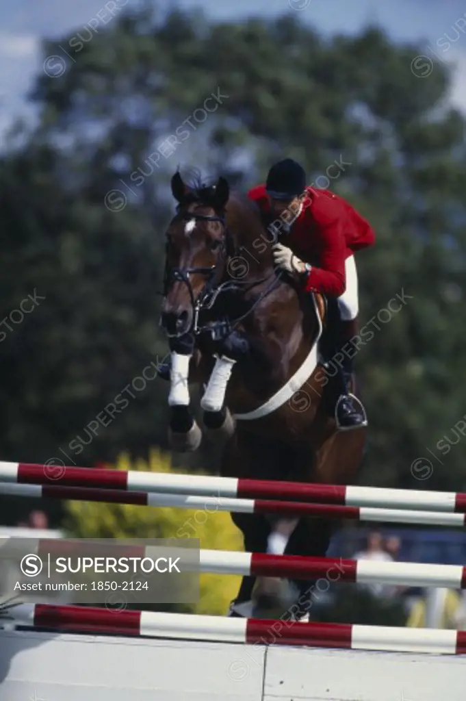 Sport, Equestrian, Show Jumping, 'German Rider Jurgen Kraus Competing In The 1994 Hickstead Derby, Clearing Parallel Bars On Bay Horse. '