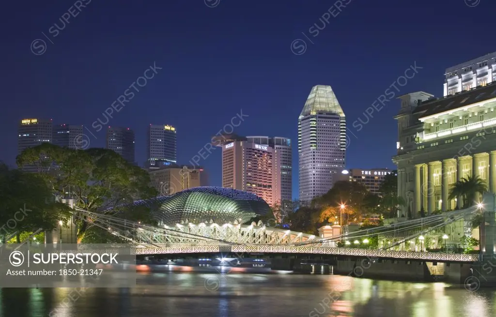 Singapore, Esplanade, Night Time View Along The Singapore River Towards Esplanade. Theatres On The Bay.