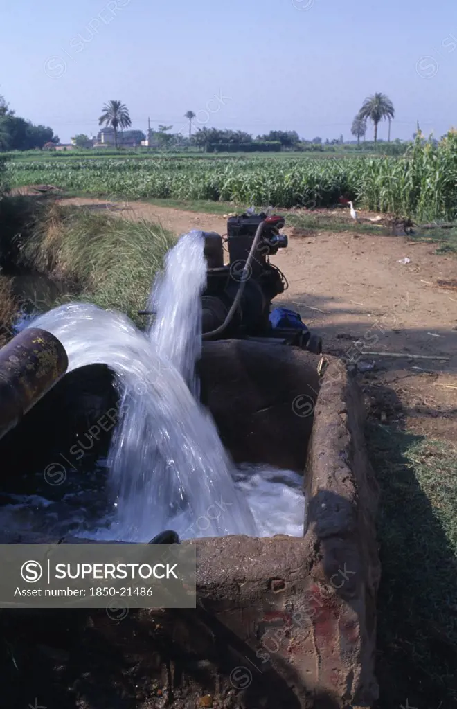 Egypt, Nile Delta, A Diesel Powered Water Pump With A Field Of Crops Behind
