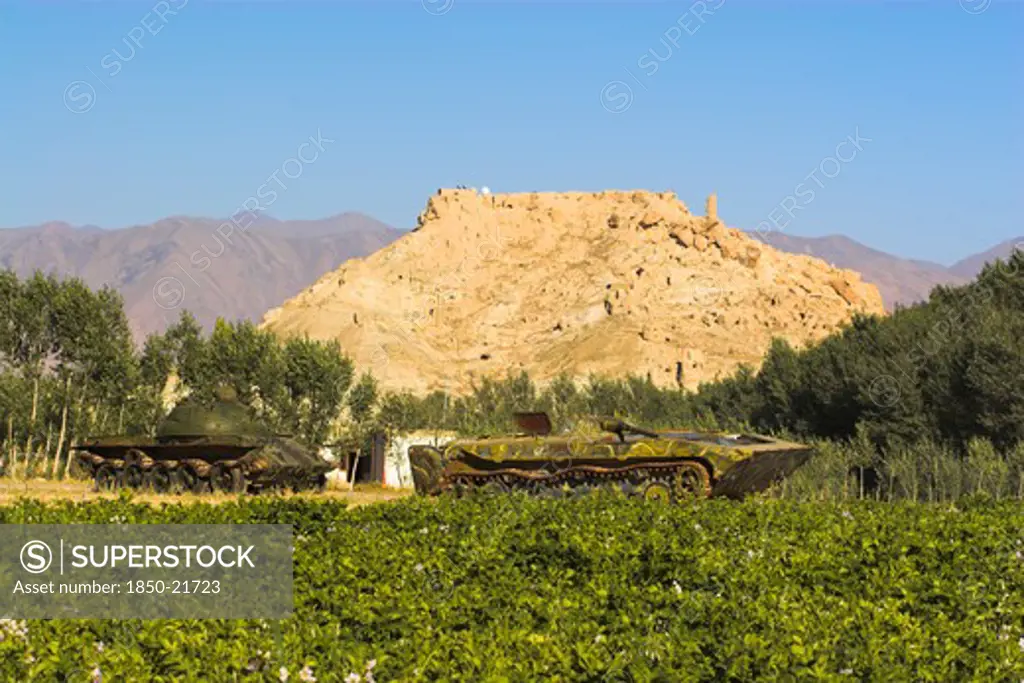 Afghanistan, Bamiyan Province, Bamiyan, 'Abandoned Tanks In Fied In Front Of Ruined Citadel Of Shahr-E-Gholgola Known As City Of The Screaming