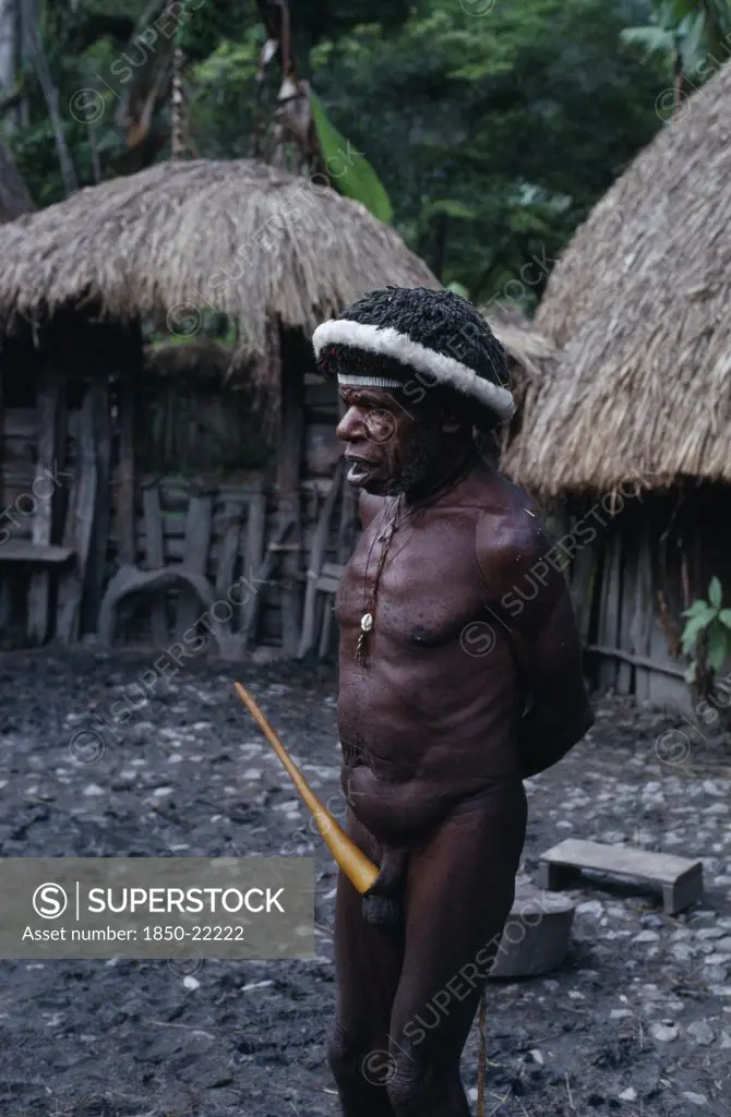Indonesia, Irian Jaya, Baliem  Valley, 'Old Male Dani Warrior Wearing Penis Gourd And Luck Charms.  Irian Jaya Was Annexed By Indonesia In 1963 And Seeks Independence, Its Situation Remains Unclear.'