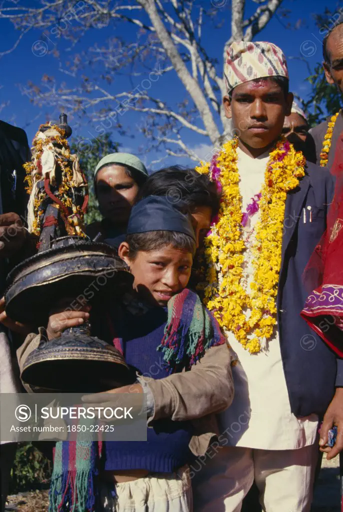 Nepal, East,  Sangawa Khola, The Groom In A Wedding Procession Wearing A Marigold Garland In The Valley Of Sangawa Khola