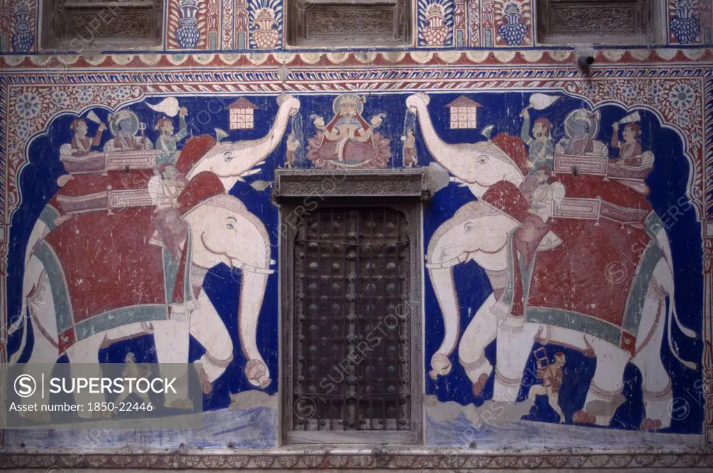 India, Rajasthan, Fatehpur, Wall Painting Of Lakshmi With Attendant Elephants Inside The Nand Lal Devra Haveli