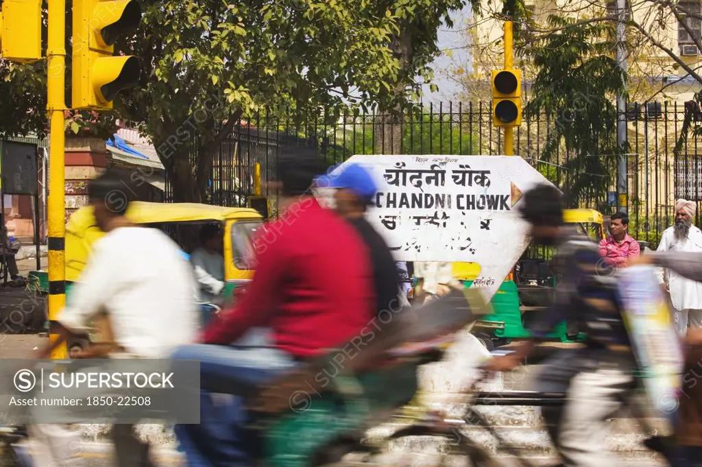 India, Uttar Pradesh, Delhi, Street Sign On Bustling Chandni Chowk.